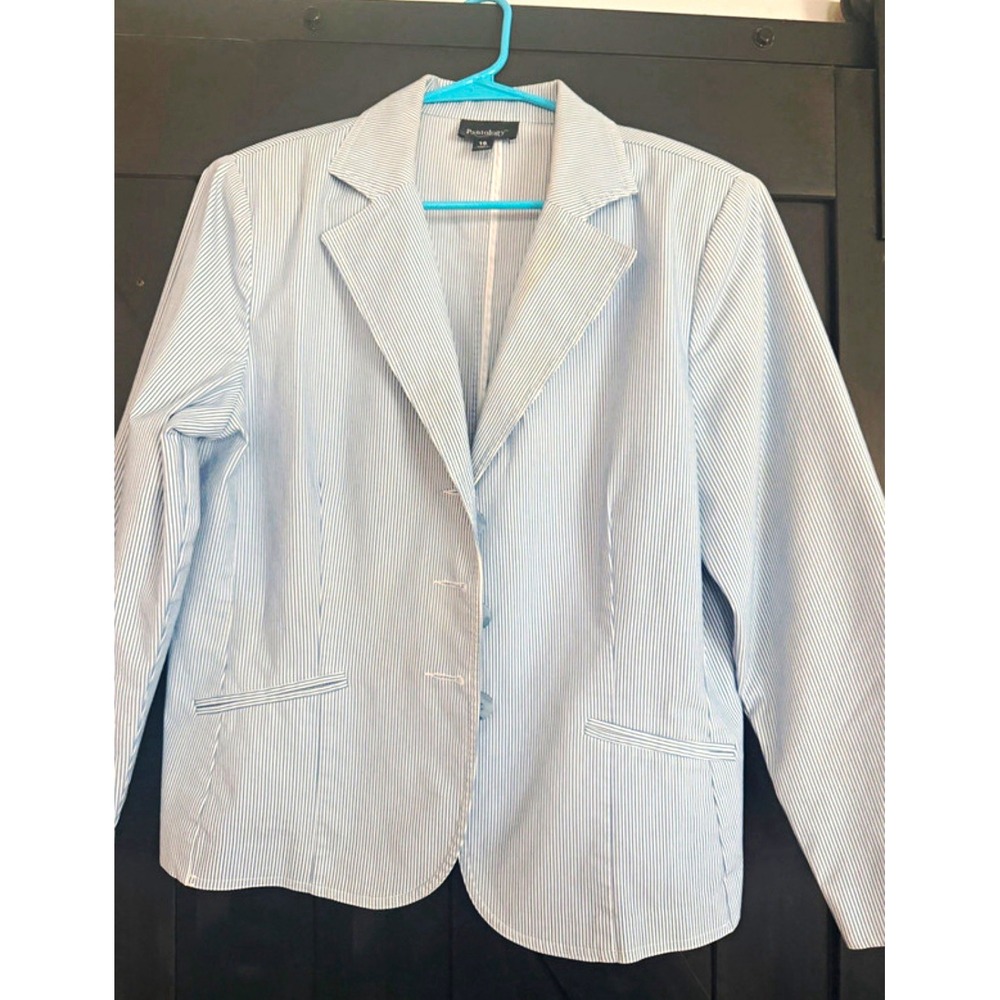 Pantology Women’s Blue/White Striped Blazer Jacket Size 16 Collared Pockets